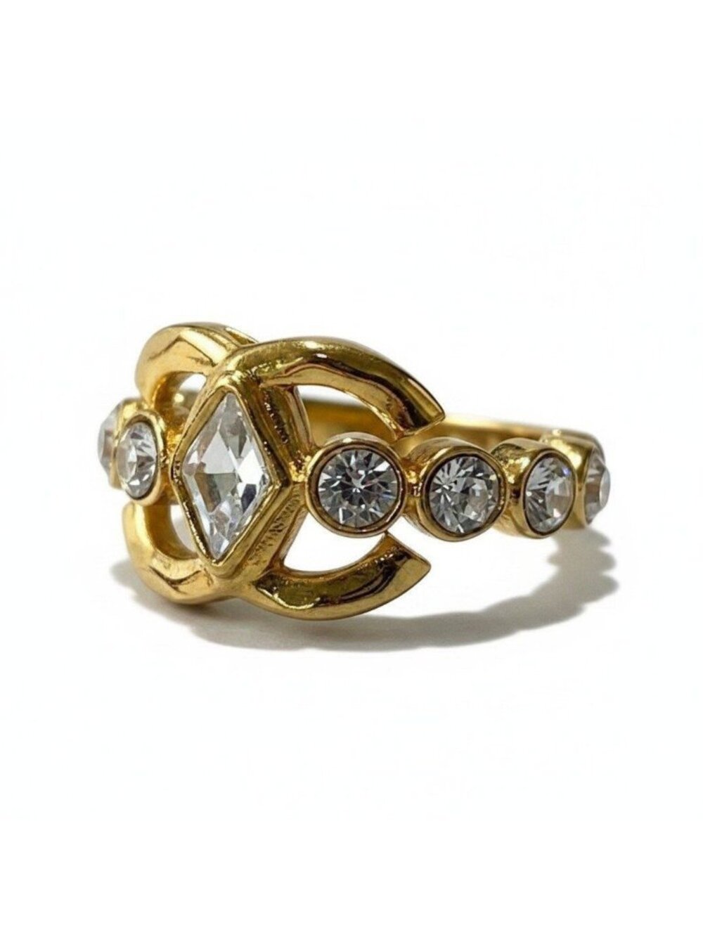 Chanel CC Logo Rhinestone Gold Ring Coco Band